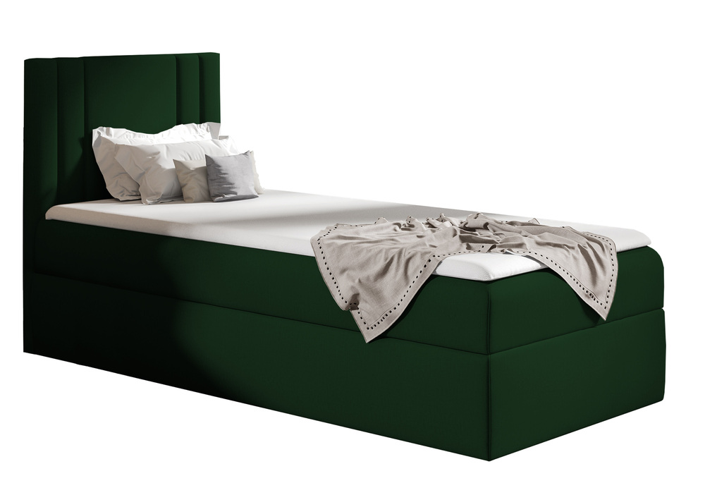 SELSEY Łóżko kontynentalne jednosobowe Dulmo Mini 90x200 cm z pojemnikiem i topperem zielone hydrofobowe lewostronne