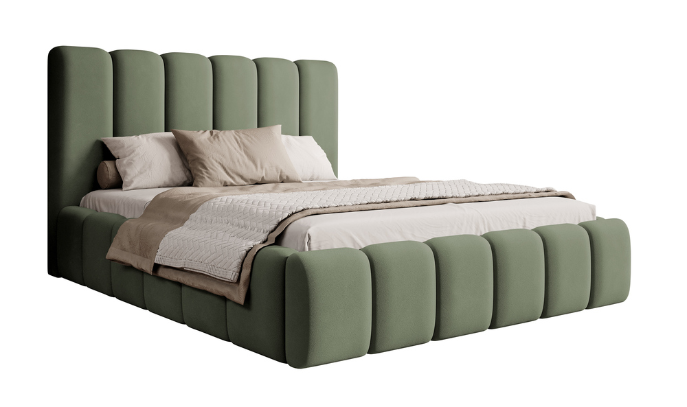 SELSEY Łóżko tapicerowane 180x200 cm Biscottino szałwiowe z pojemnikiem stelaż metalowy podnośnik gazowy