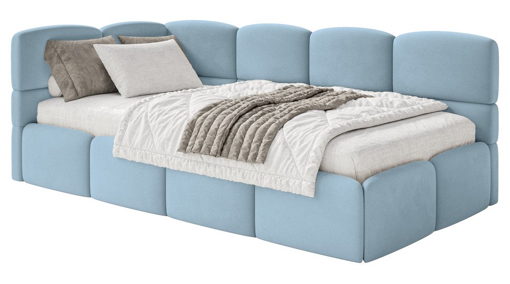 SELSEY Łóżko młodzieżowe 90x200 cm Cloudy lewostronne z materacem i pojemnikiem błękitne welur hydrofobowy łatwoczyszczący