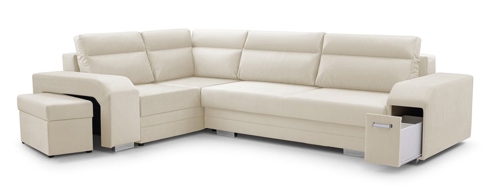 SELSEY Narożnik z funkcją spania Umill L-kształtny z pojemnikami z barkiem i pufą kremowy welur hydrofobowy lewostronny