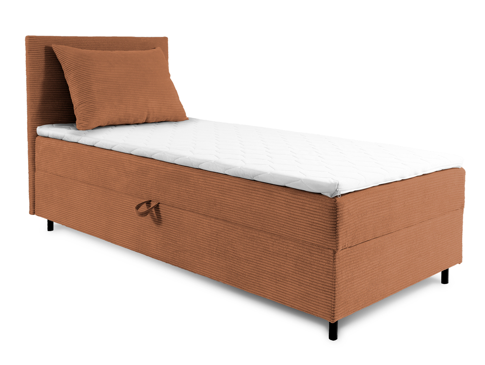 SELSEY Łóżko kontynentalne jednosobowe Montigo Mini 70x200 cm z pojemnikiem, topperem i poduszką miedziane sztruks nogi czarne lewostronne