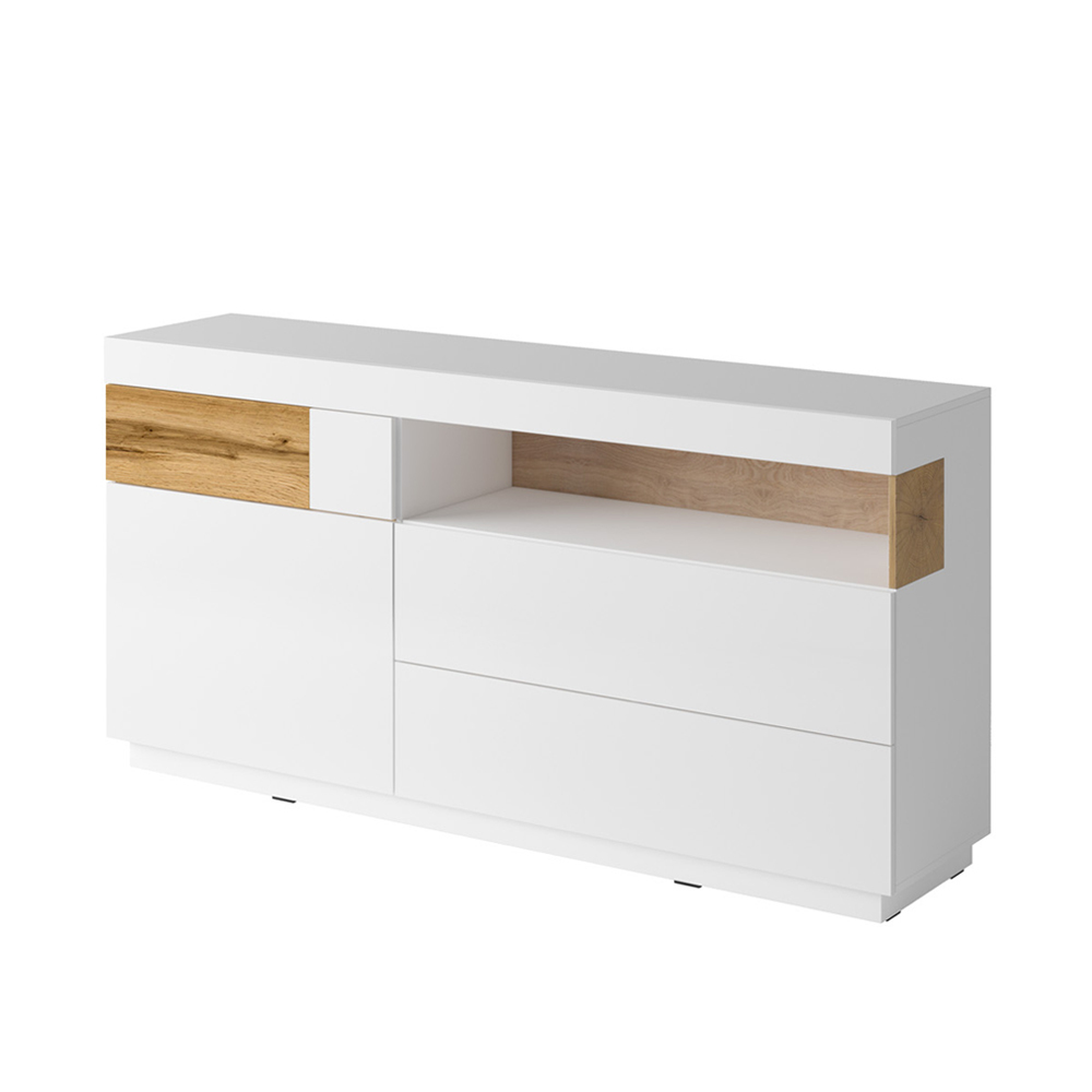 SELSEY Komoda jednodrzwiowa Galaka z trzema szufladami Biały / Biały połysk / Dąb wotan