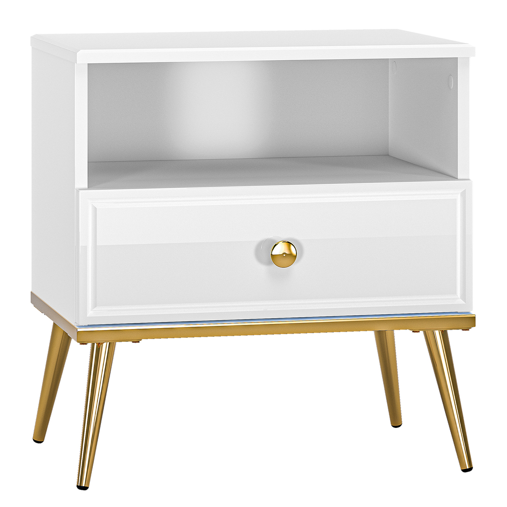 SELSEY Szafka nocna Darrby 50x34 cm z szufladą biała/biały połysk ze złotymi nogami