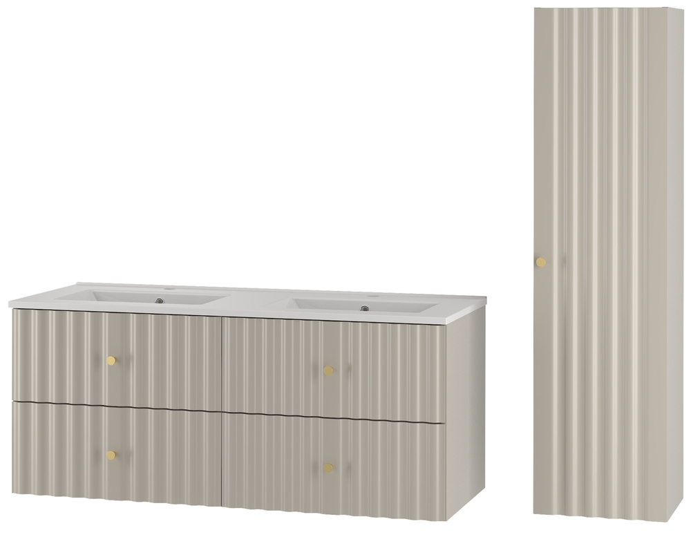 SELSEY Zestaw łazienkowy z dwiema umywalkami i słupkiem Aqua 155 cm ryflowane fronty szary beż