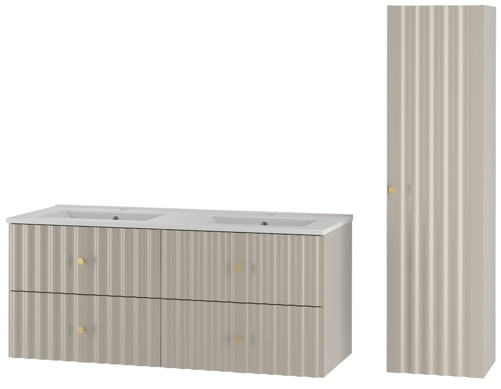 SELSEY Zestaw łazienkowy z dwiema umywalkami i słupkiem Aqua 155 cm ryflowane fronty szary beż