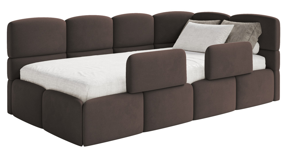 SELSEY Łóżko młodzieżowe 90x200 cm Cloudy prawostronne z materacem pojemnikiem i barierkami brązowe welur hydrofobowy łatwoczyszczący