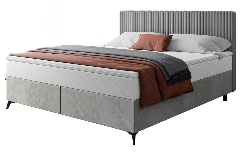 SELSEY Łóżko kontynentalne 160x200 cm Falwo z pojemnikiem jasnoszare gruby sztruks