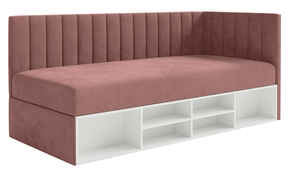 SELSEY Łóżko młodzieżowe 90x200 cm Ventrio prawostronne z pojemnikiem i półkami różowe welur hydrofobowy łatwoczyszczący
