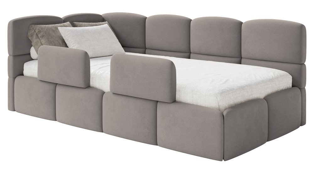 SELSEY Łóżko młodzieżowe 90x200 cm Cloudy lewostronne z pojemnikiem i barierkami jasnoszare welur hydrofobowy łatwoczyszczący