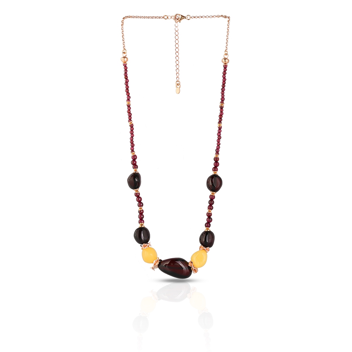 W.KRUK Naszyjnik pozłacany z bursztynami i granatami