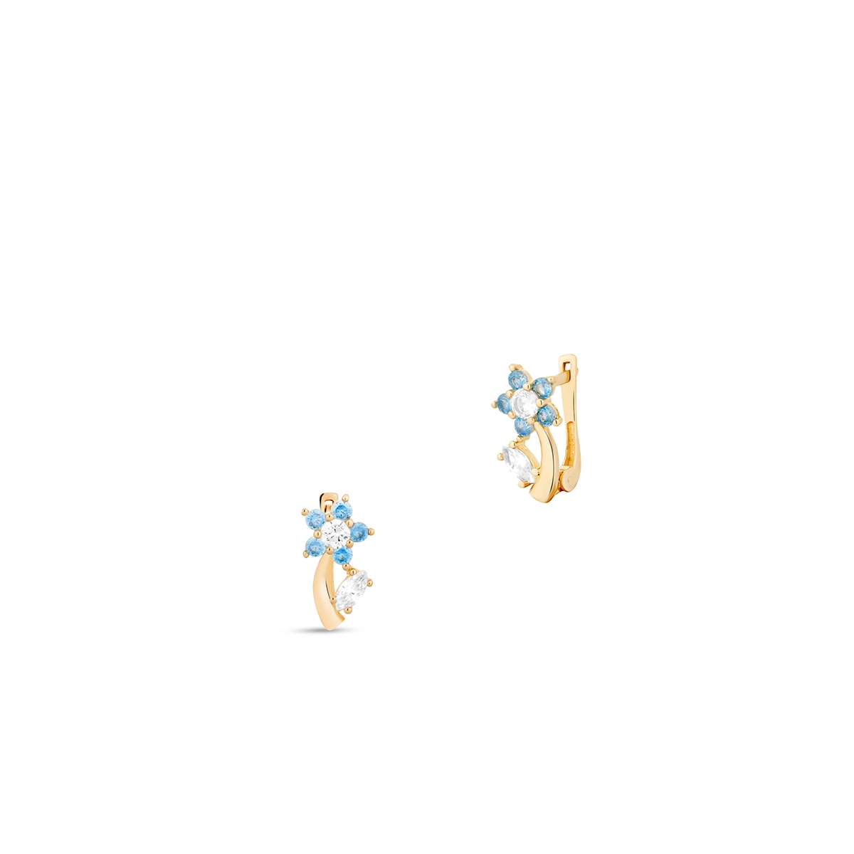 W.KRUK Kolczyki złote kwiatuszki z niebieskimi cyrkoniami