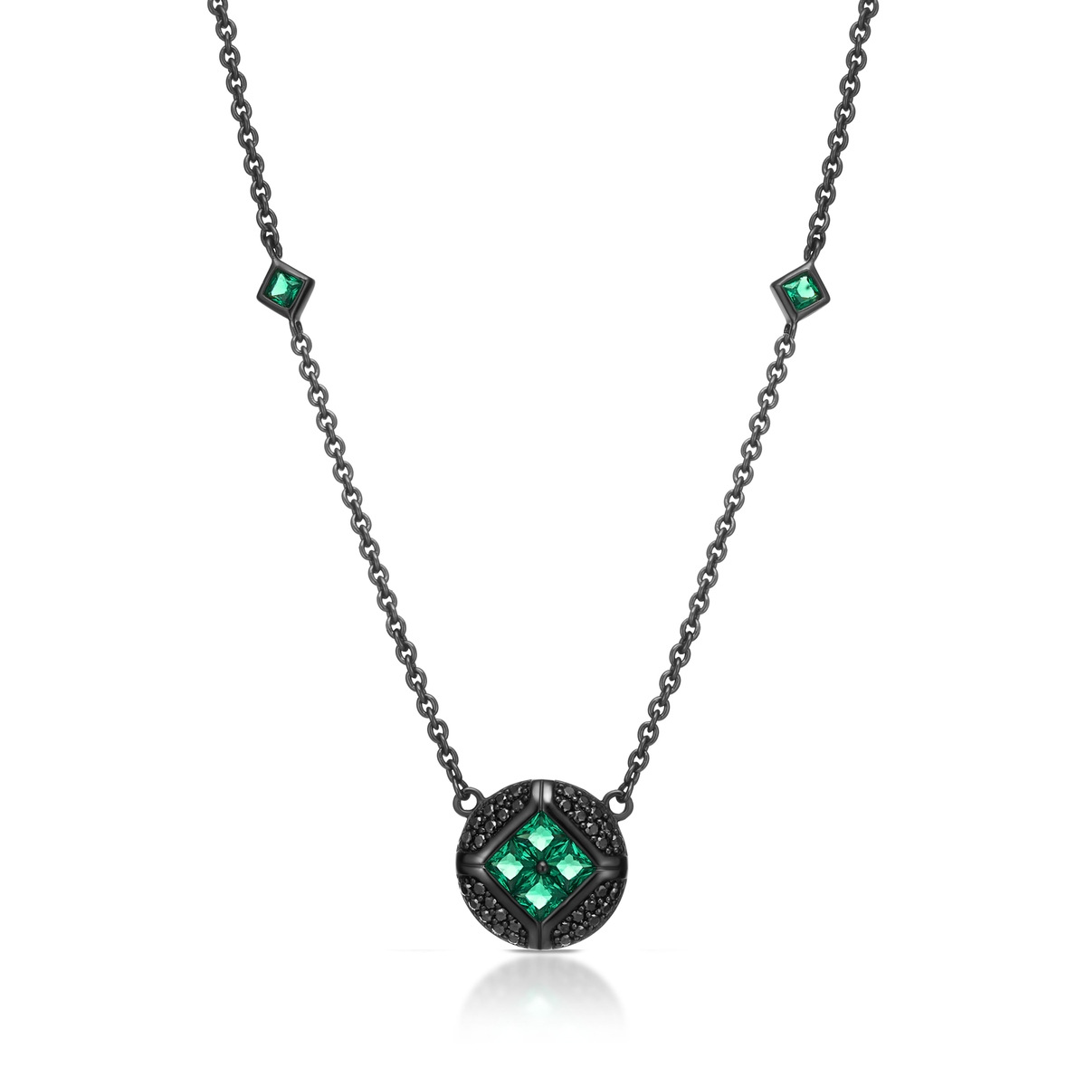 W.KRUK Naszyjnik srebrny z czarnymi i zielonymi cyrkoniami METEORY