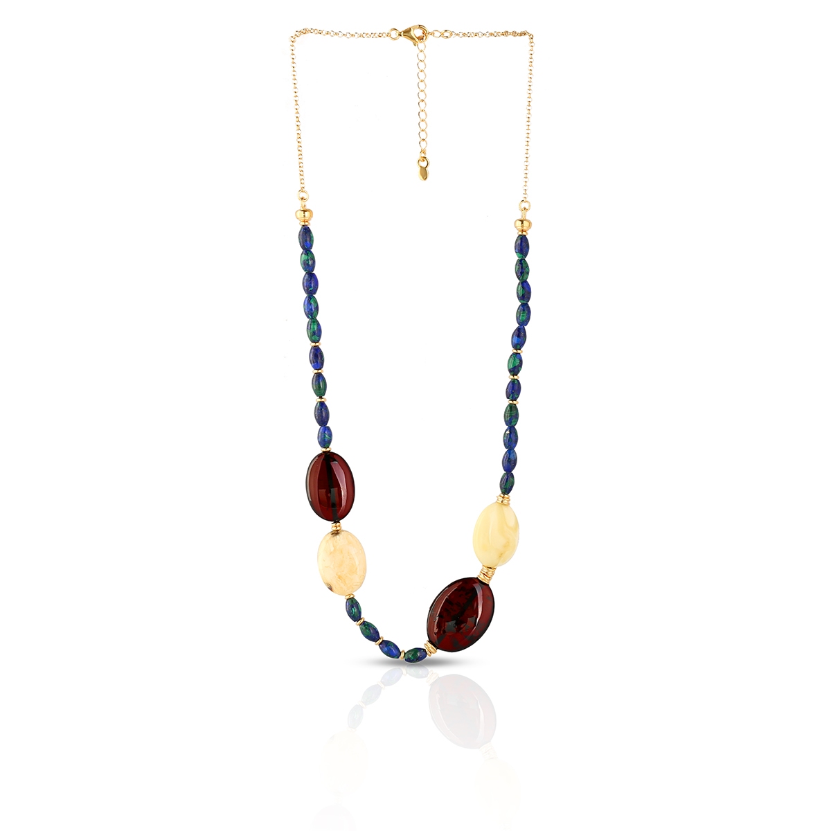 W.KRUK Naszyjnik srebrny pozłacany z bursztynami