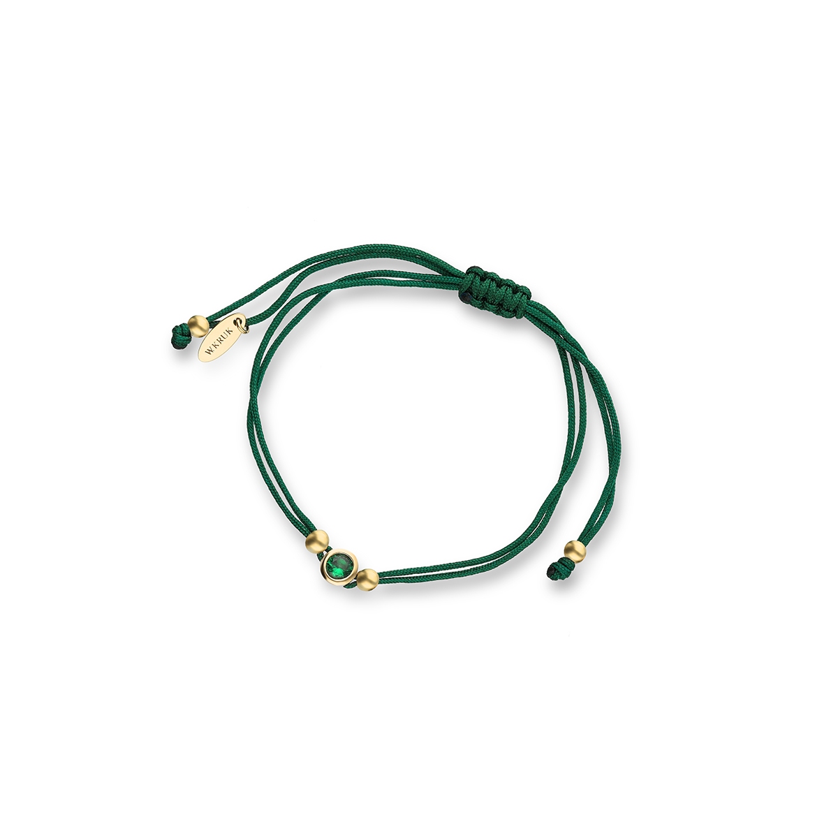 W.KRUK Bransoletka srebrna pozłacana na zielonym sznurku z cyrkonią