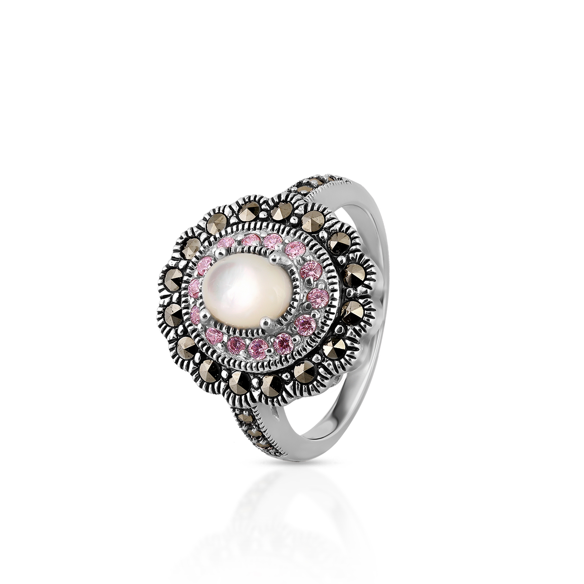 W.KRUK - Pierścionek srebrny z markasytami i masą perłową