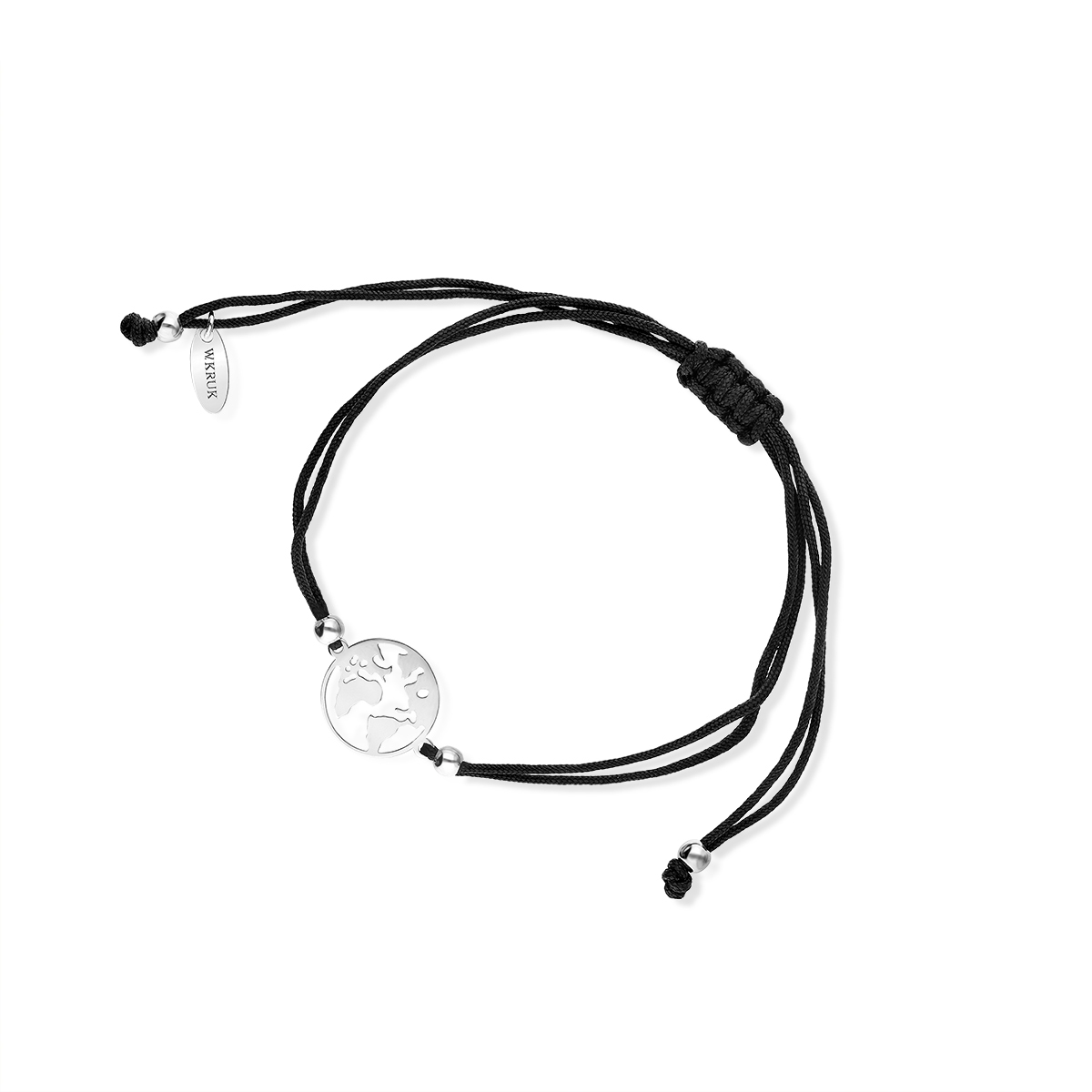W.KRUK Bransoletka srebrna na czarnym sznurku kula ziemska