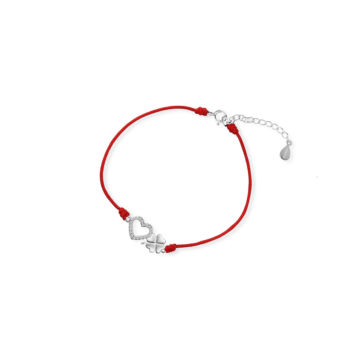 W.KRUK Bransoletka srebrna celebrytka na czerwonym sznurku serce i koniczyna