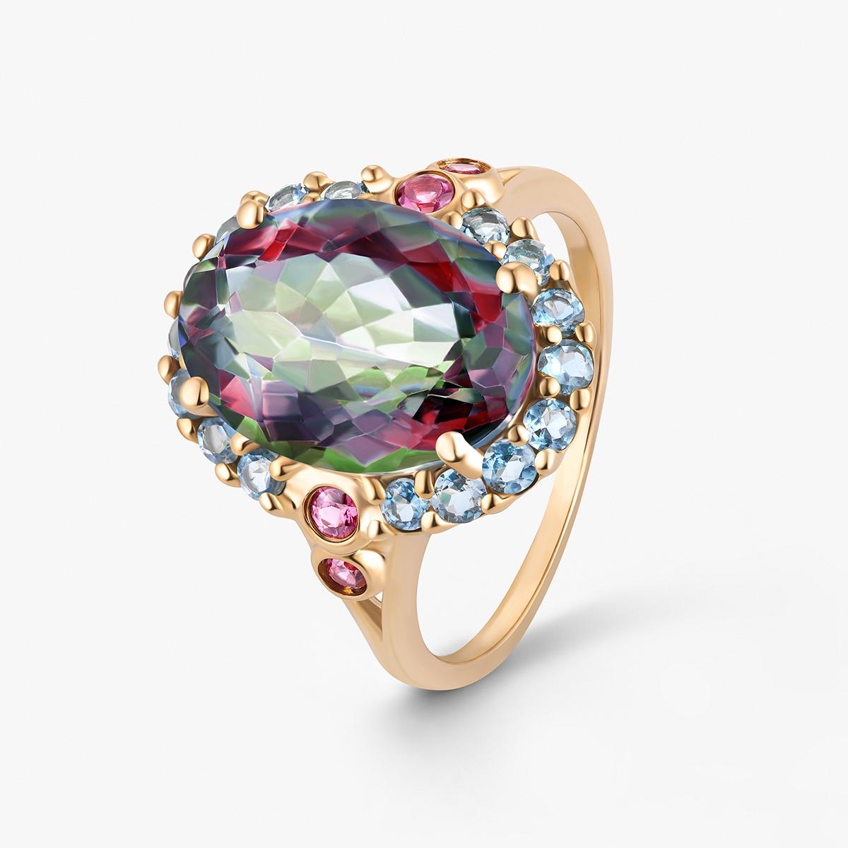 W.KRUK Pierścionek złoty z topazami i rodolitami