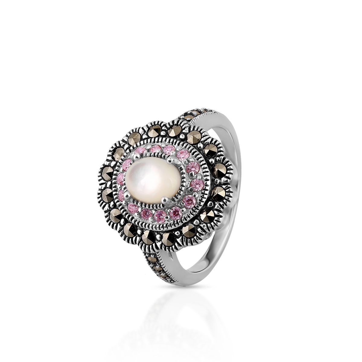 W.KRUK Pierścionek srebrny z markasytami i masą perłową