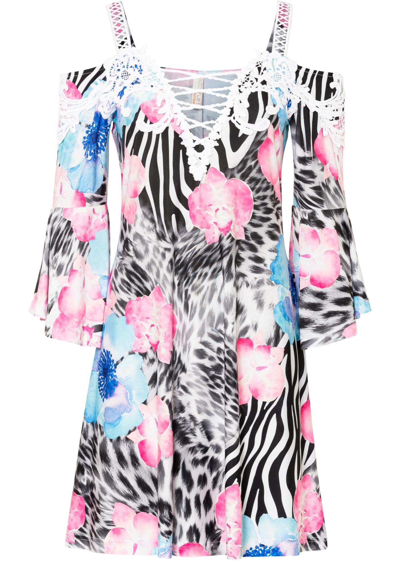 Sukienka cold-shoulder na szydełkowych ramiączkach