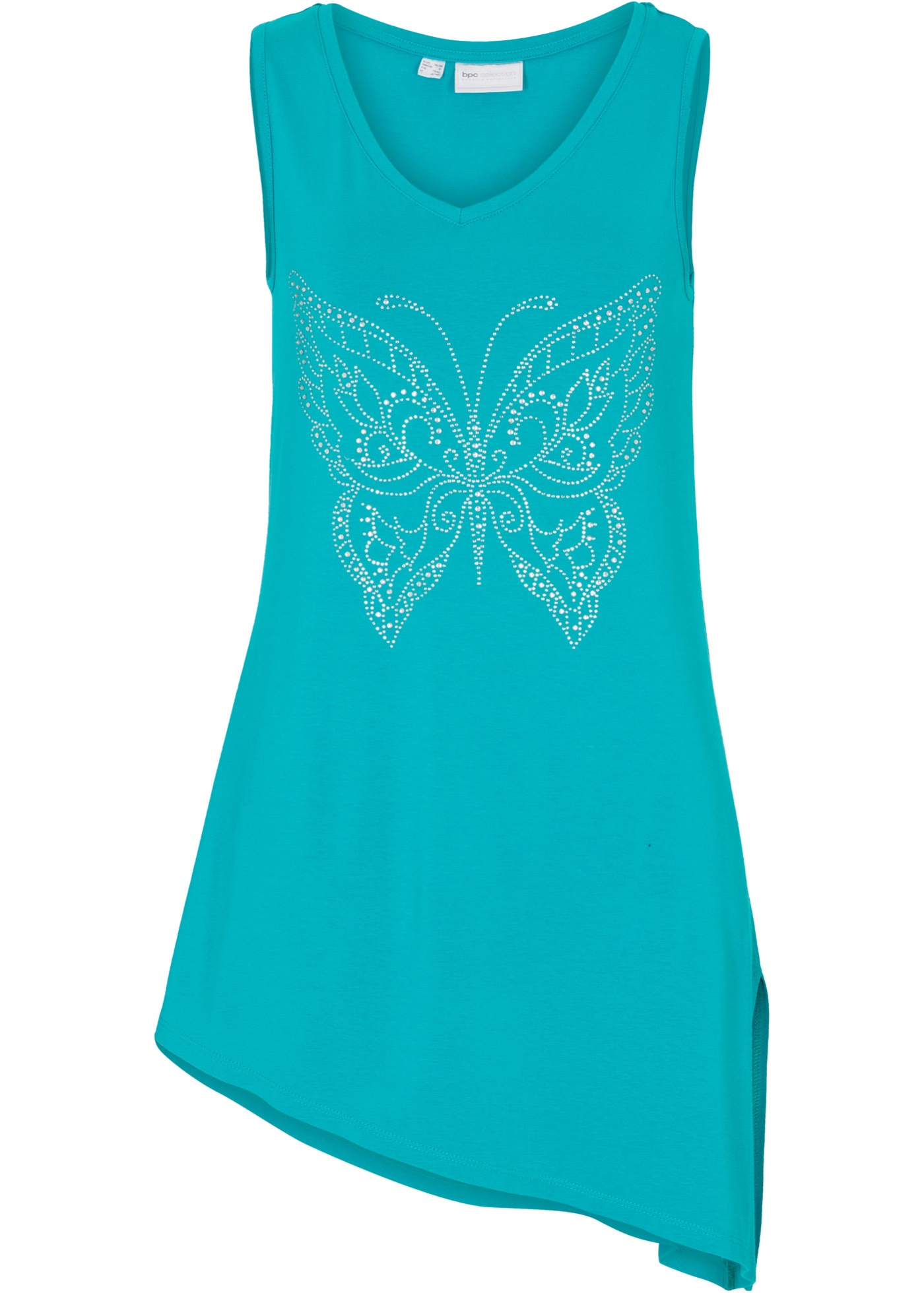 Asymetryczny długi top z połyskującym motylem