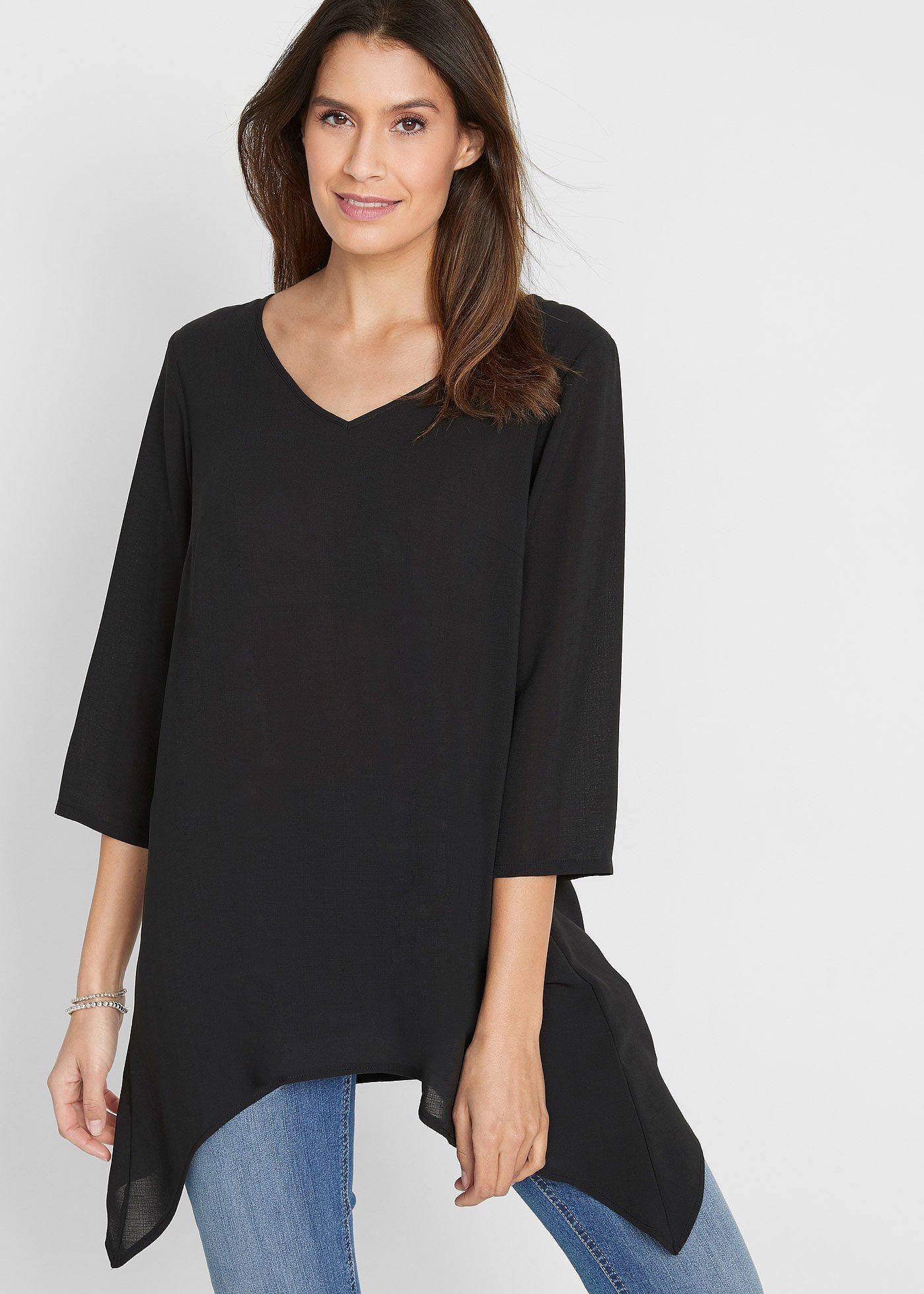 Szeroka tunika z wiskozy z dłuższymi bokami, dekoltem w serek i rękawami 3/4