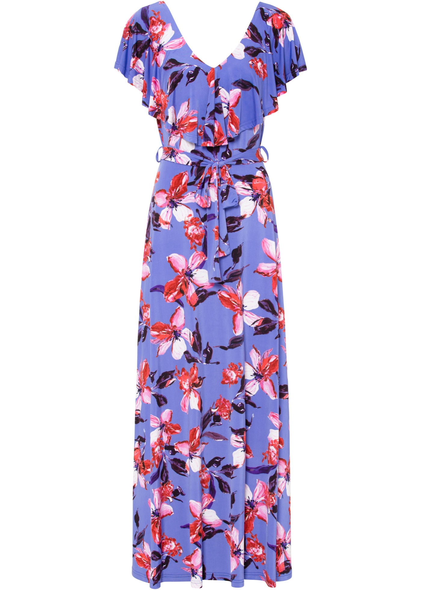 Długa sukienka z wolantem i paskiem