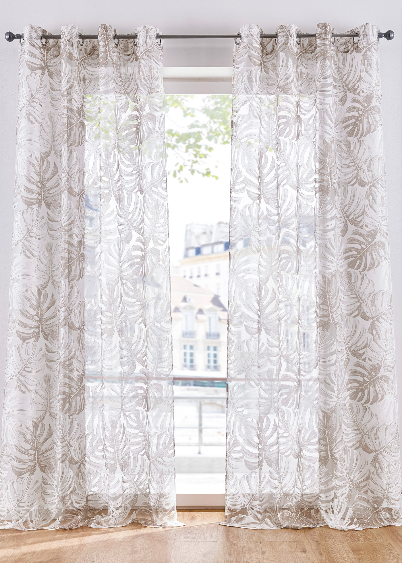 Zasłona w wypalany wzór, z nadrukiem w liście (1 szt.)