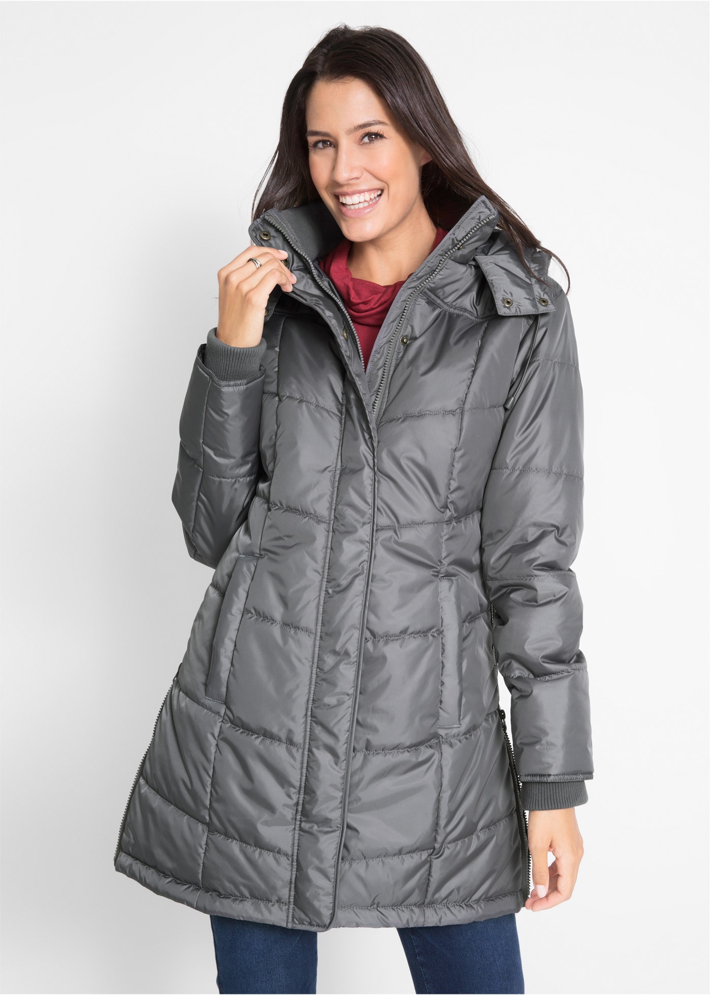 Długa kurtka pikowana, ocieplana, z kołnierzem i kapturem