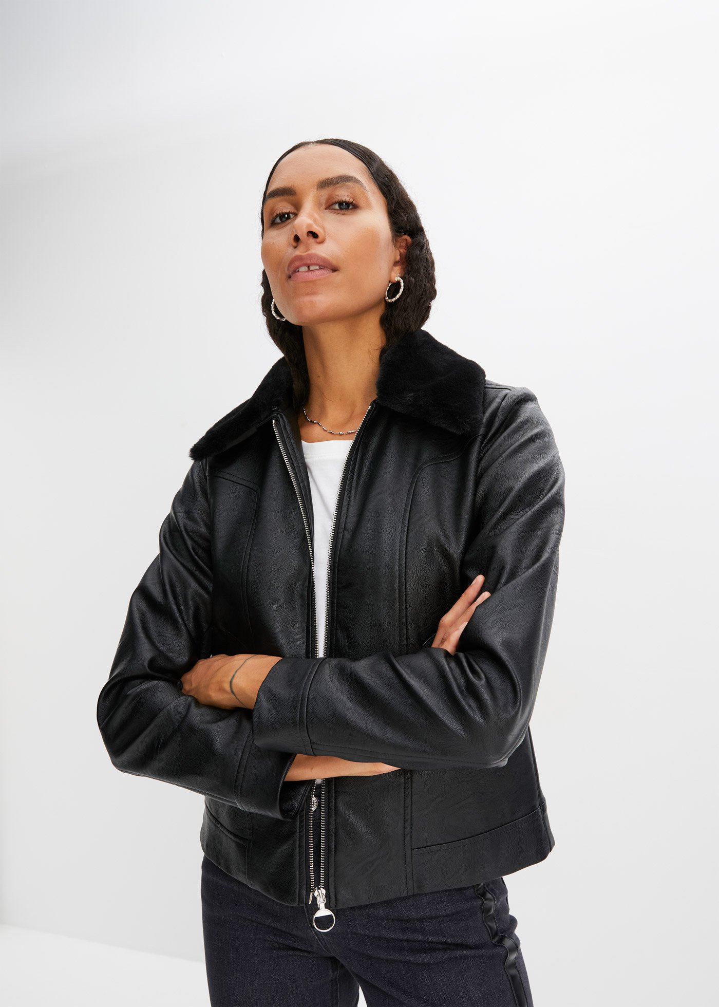 Kurtka ze sztucznej skóry, z kołnierzem ze sztucznego futerka