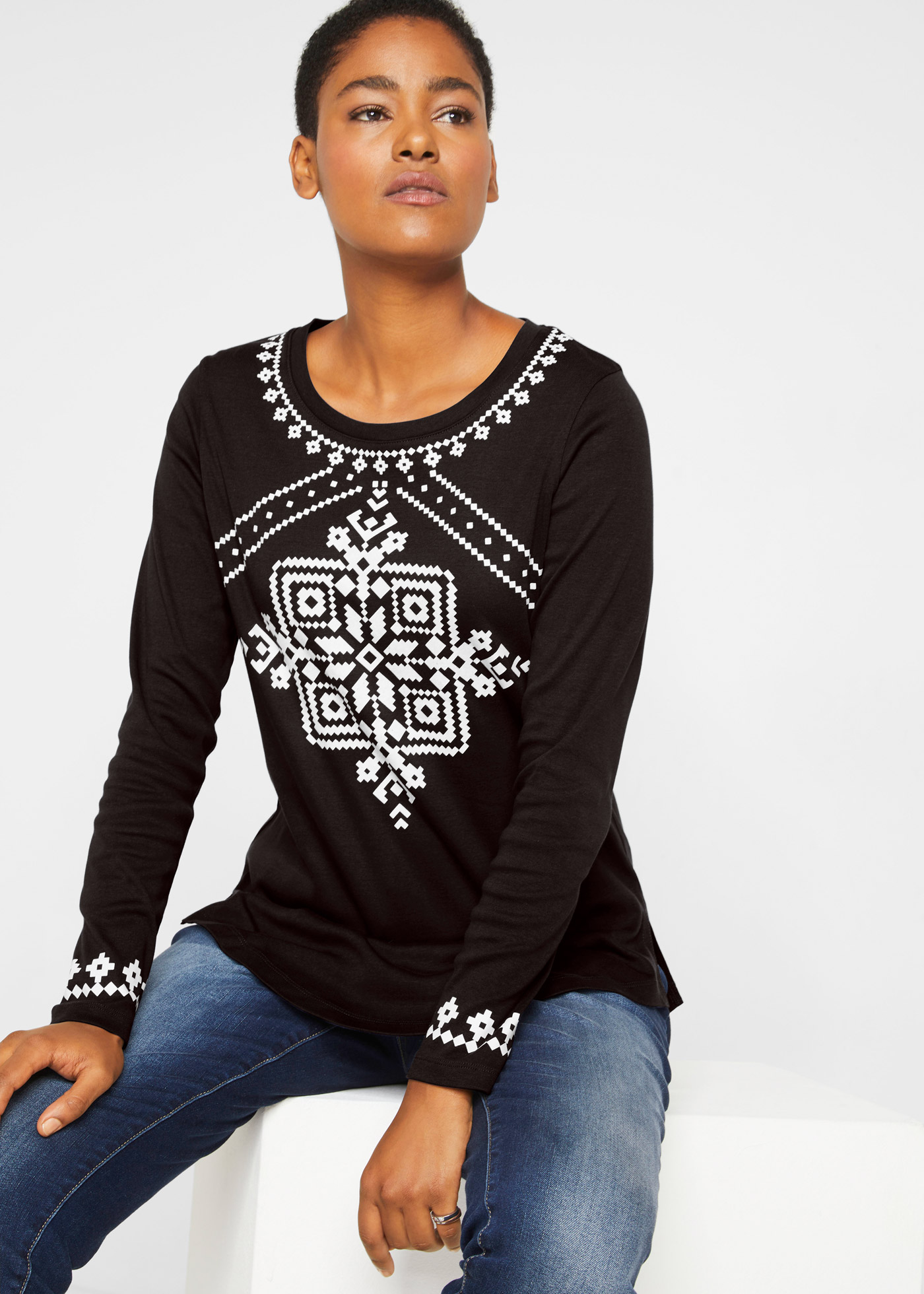 Shirt bawełniany z długim rękawem i nadrukiem w norweski wzór