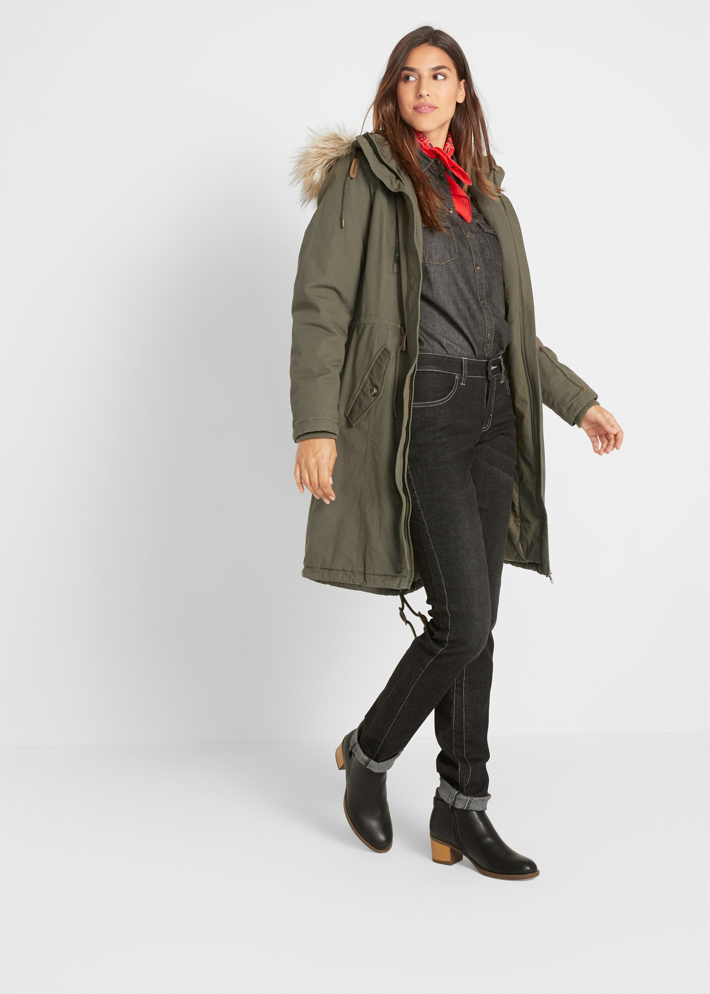 Parka zimowa z kapturem ze sztucznym futerkiem