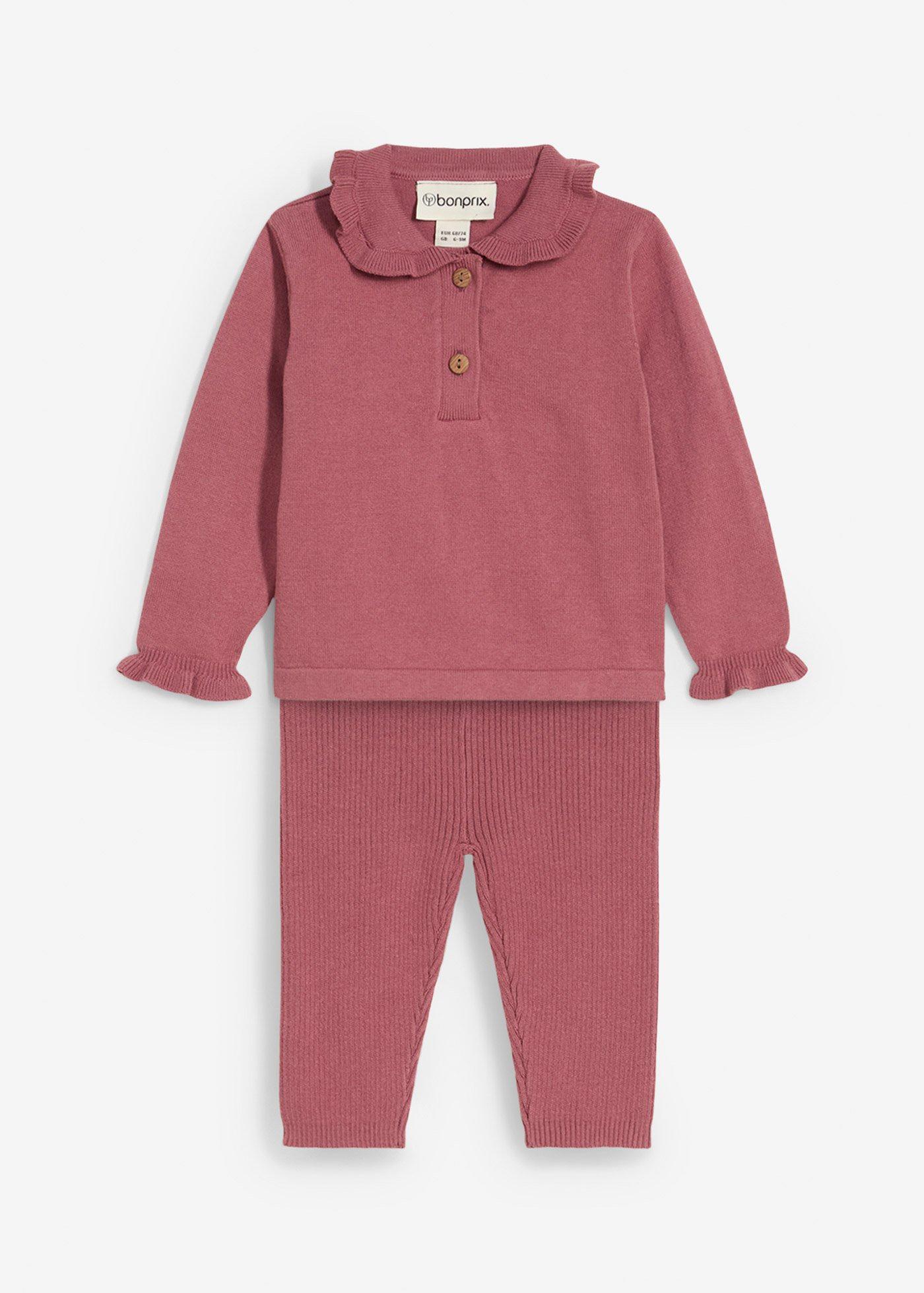 Sweter z dzianiny z kołnierzykiem z falbankami i legginsy (komplet 2-cz.)