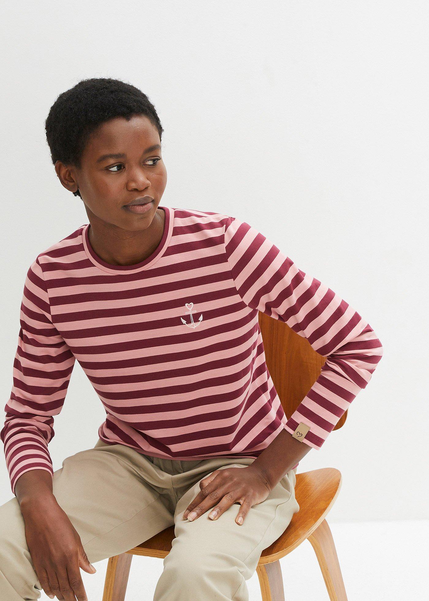 Shirt z długim rękawem w paski i haftem