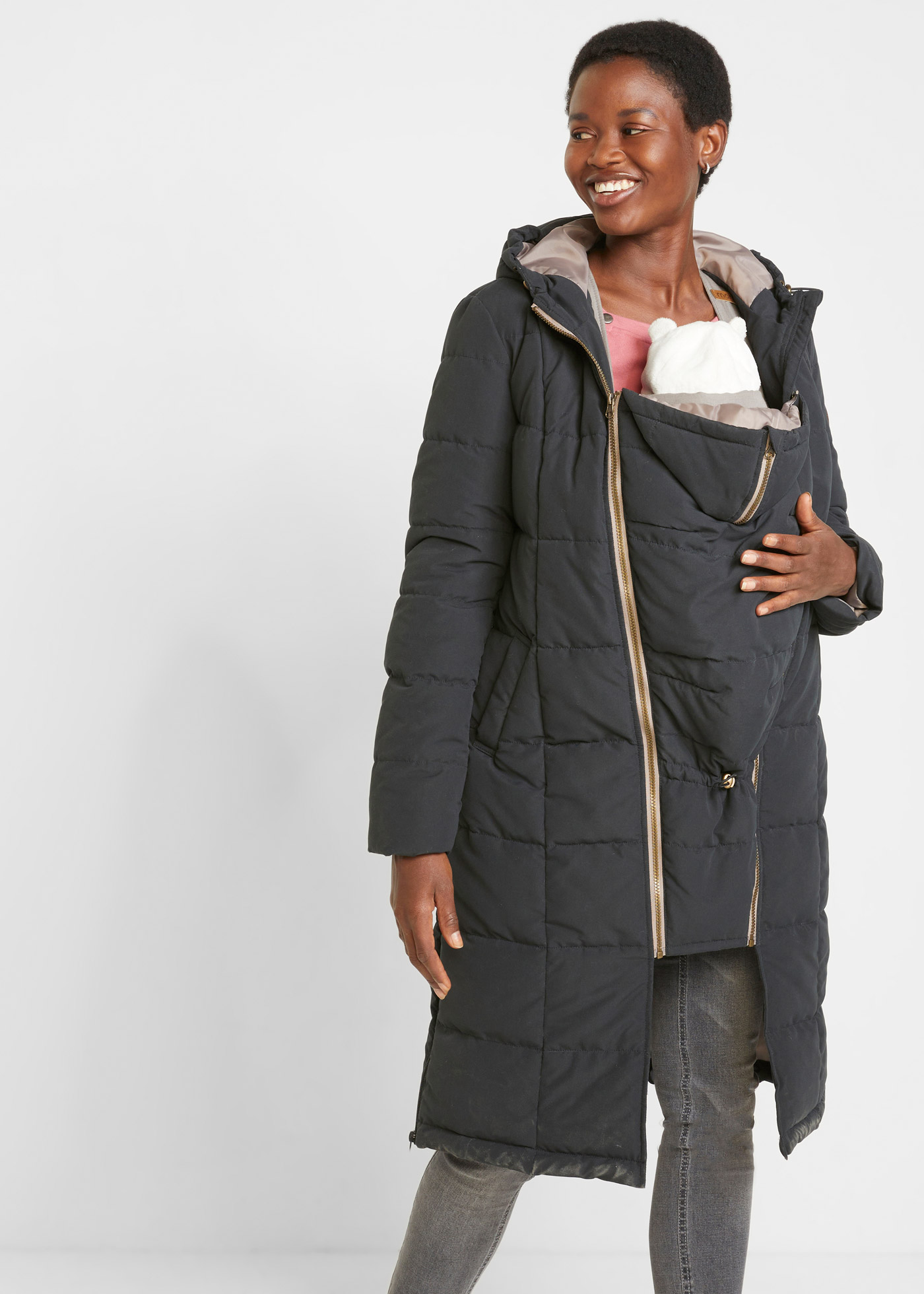 Pikowany płaszcz ciążowy 3w1 z wstawką na nosidełko, z poliestru z recyklingu