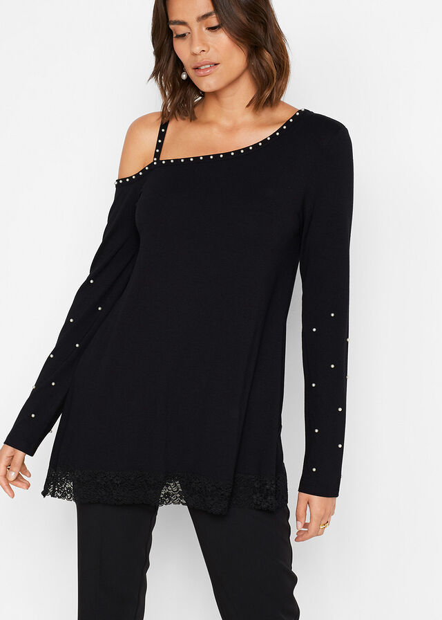 Shirt cold-shoulder z koronką i perełkami