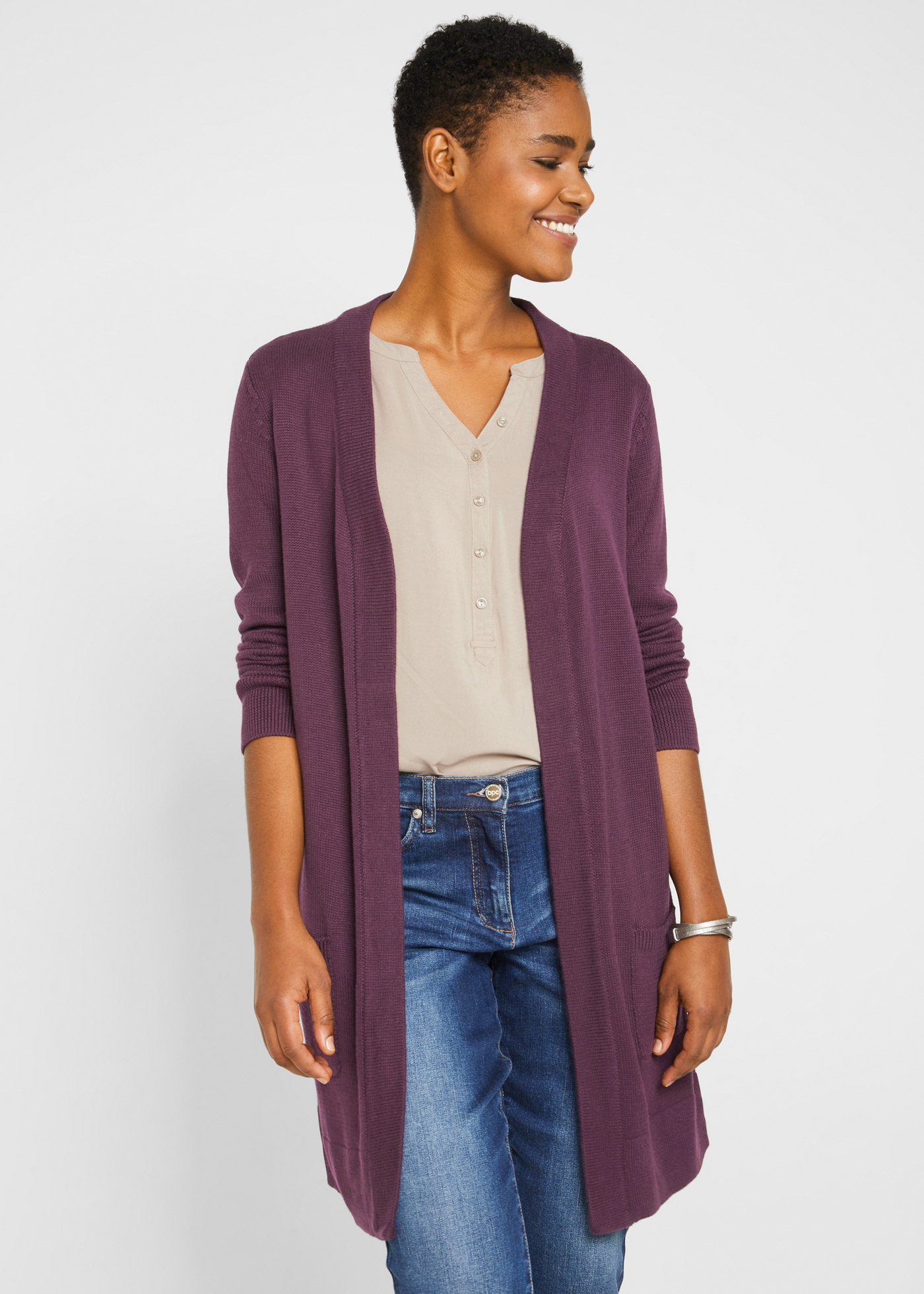 Długi sweter dzianinowy bez zapięcia, długi rękaw