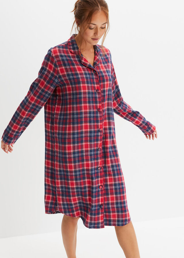 Koszula nocna z tkaniny flanelowej, z plisą guzikową