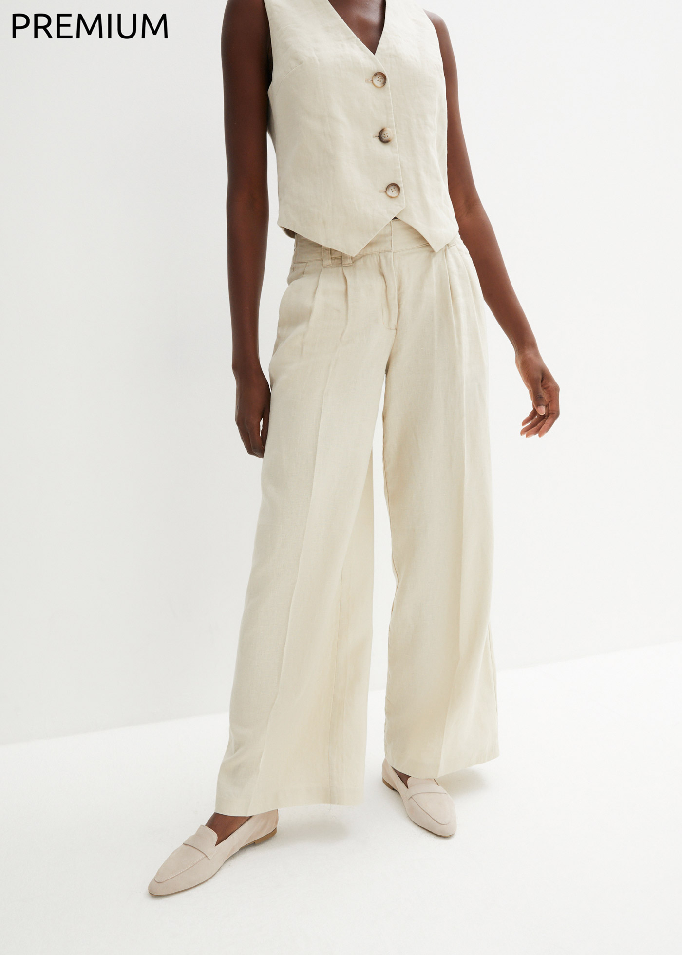 Spodnie z zakładkami poniżej paska w talii, z czystego lnu