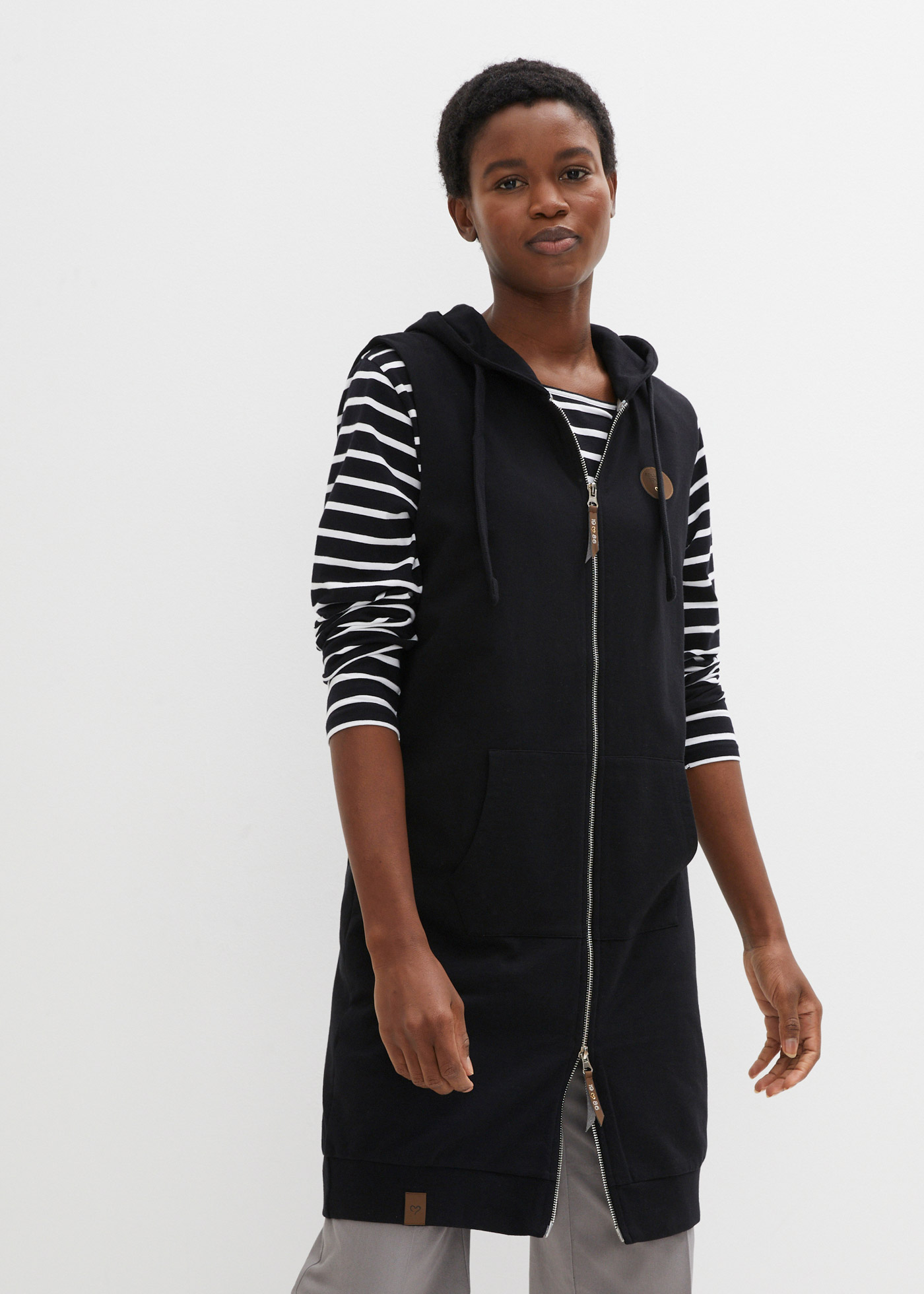 Długa kamizelka dresowa z kapturem, z mieszanki bawełny