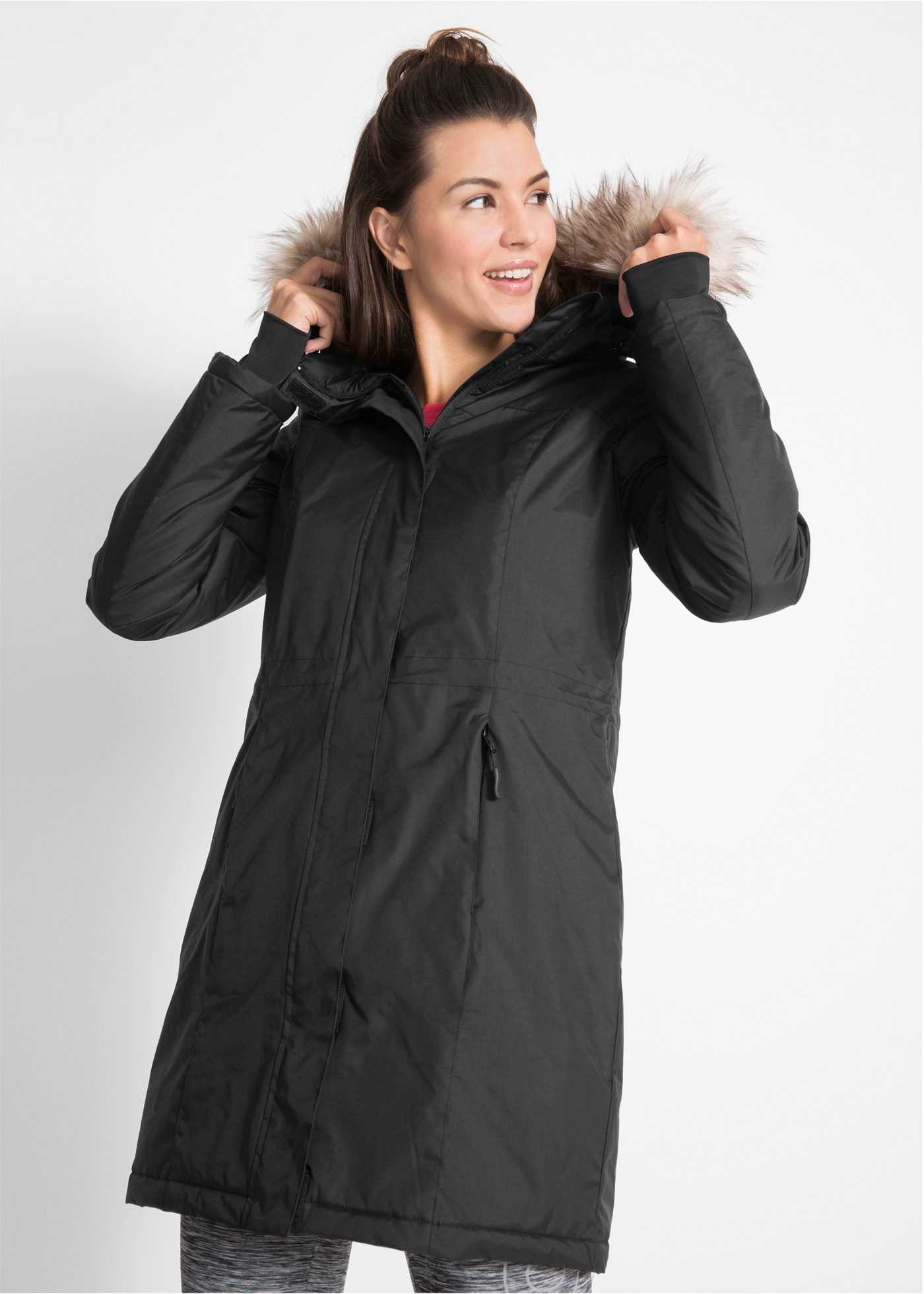 Ciepły, hydrofobowy płaszcz funkcjonalny outdoorowy ze sztucznym futerkiem
