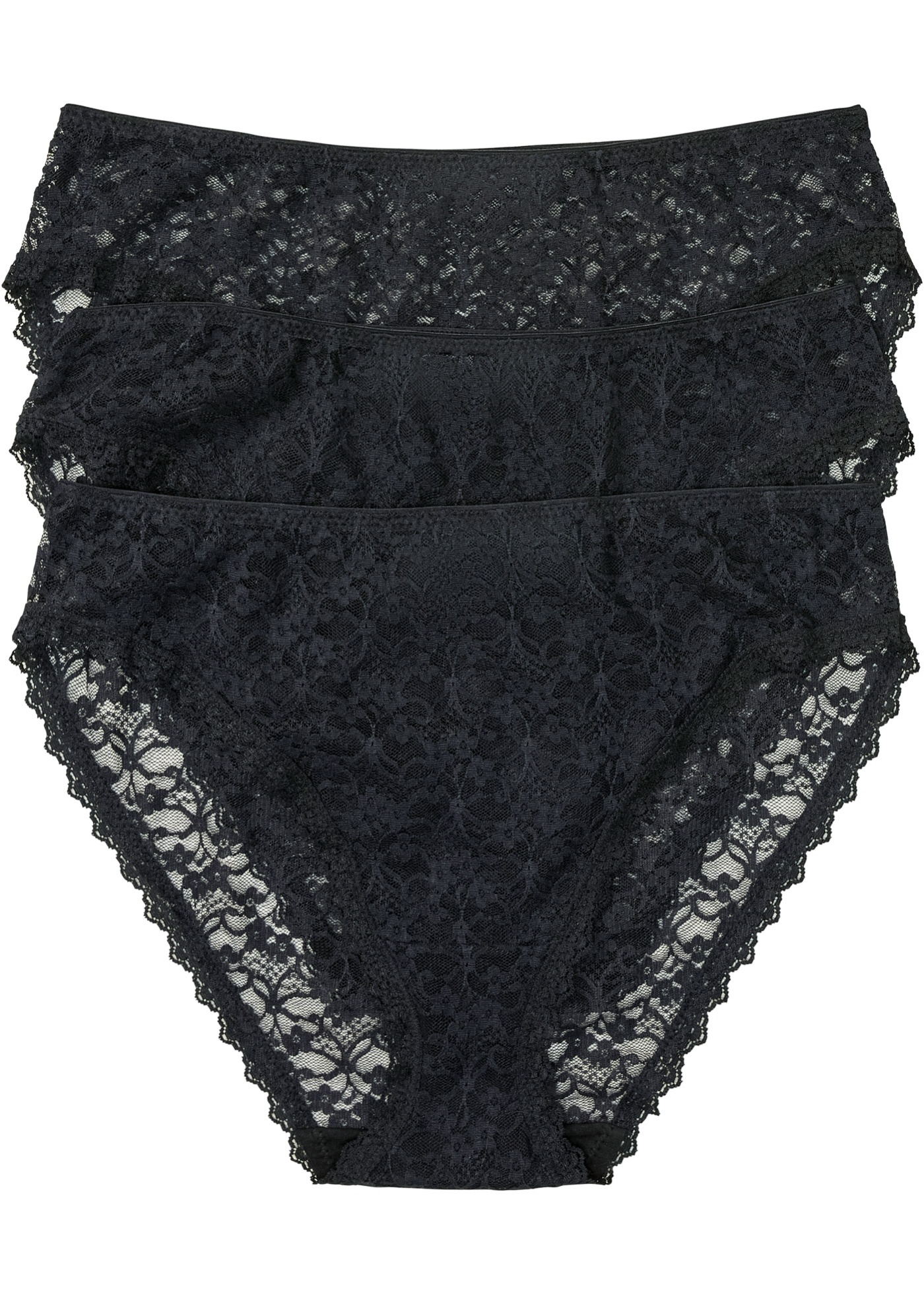 Figi z wysokim stanem, z koronki z recyklingu z głębokim wycięciem nogawek (3 pary)