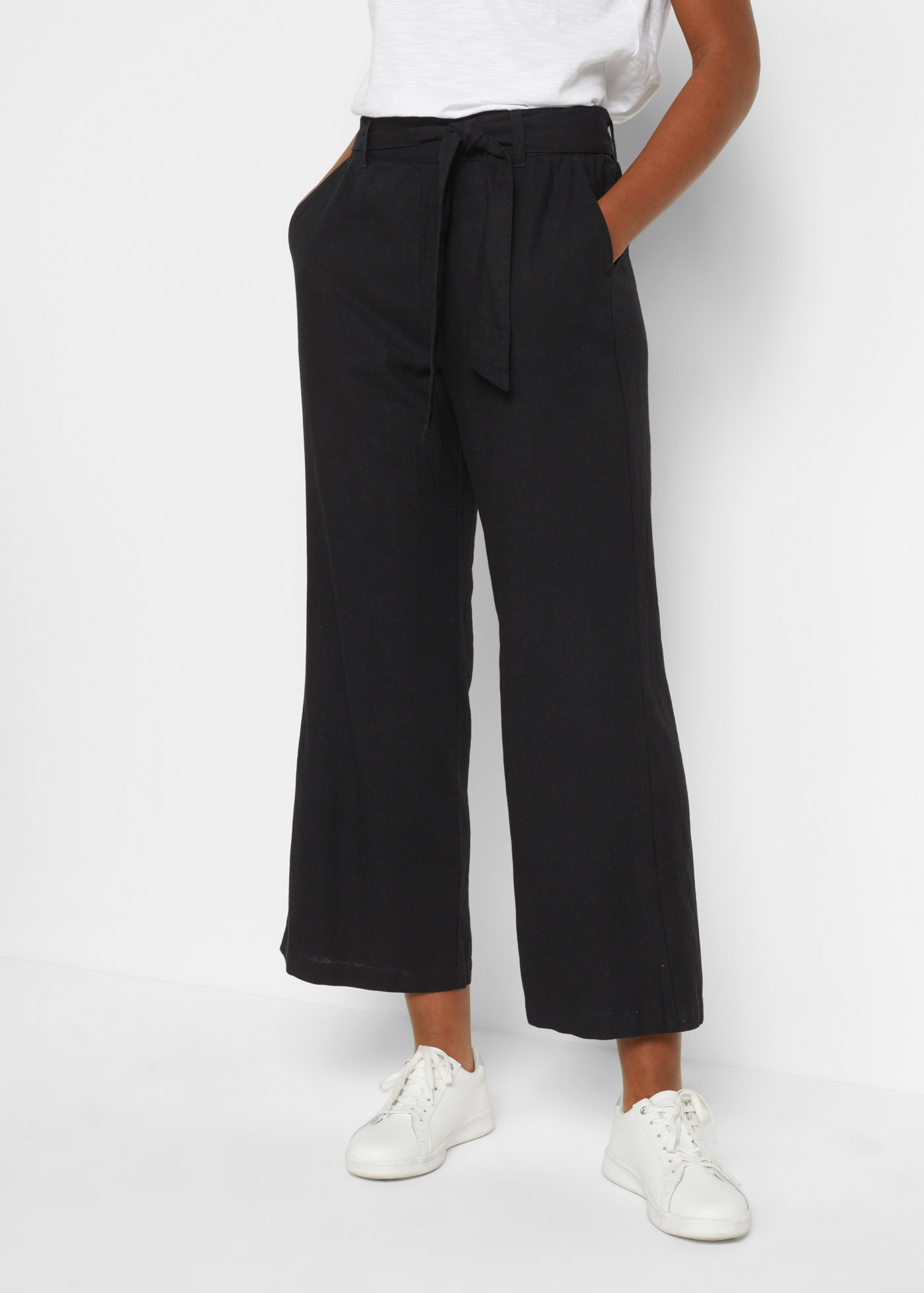 Spodnie culotte z przewiewnego materiału z domieszką lnu