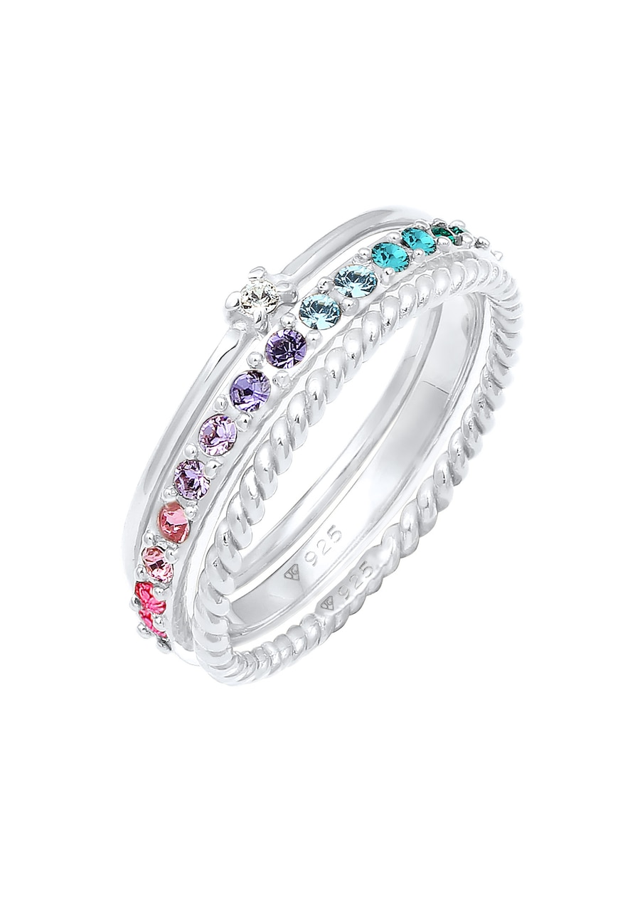 Elli Damski komplet Multi-Colour mieniący się kryształami Kolorowe w srebrze próby 925 Sterling Silver pozłacane Pierścionki 1 ct