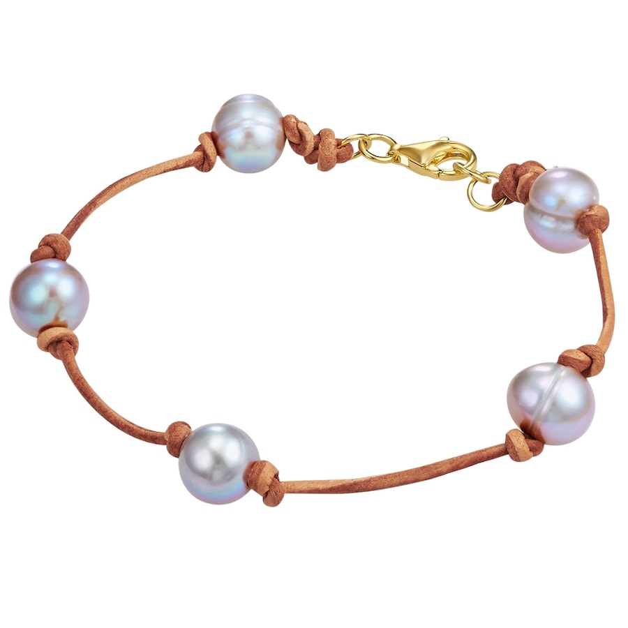 Valero Pearls Skórzana bransoletka srebro wysokiej próby Perła hodowlana słodkowodna żółte złoto Bransoletki 1 ct Damski