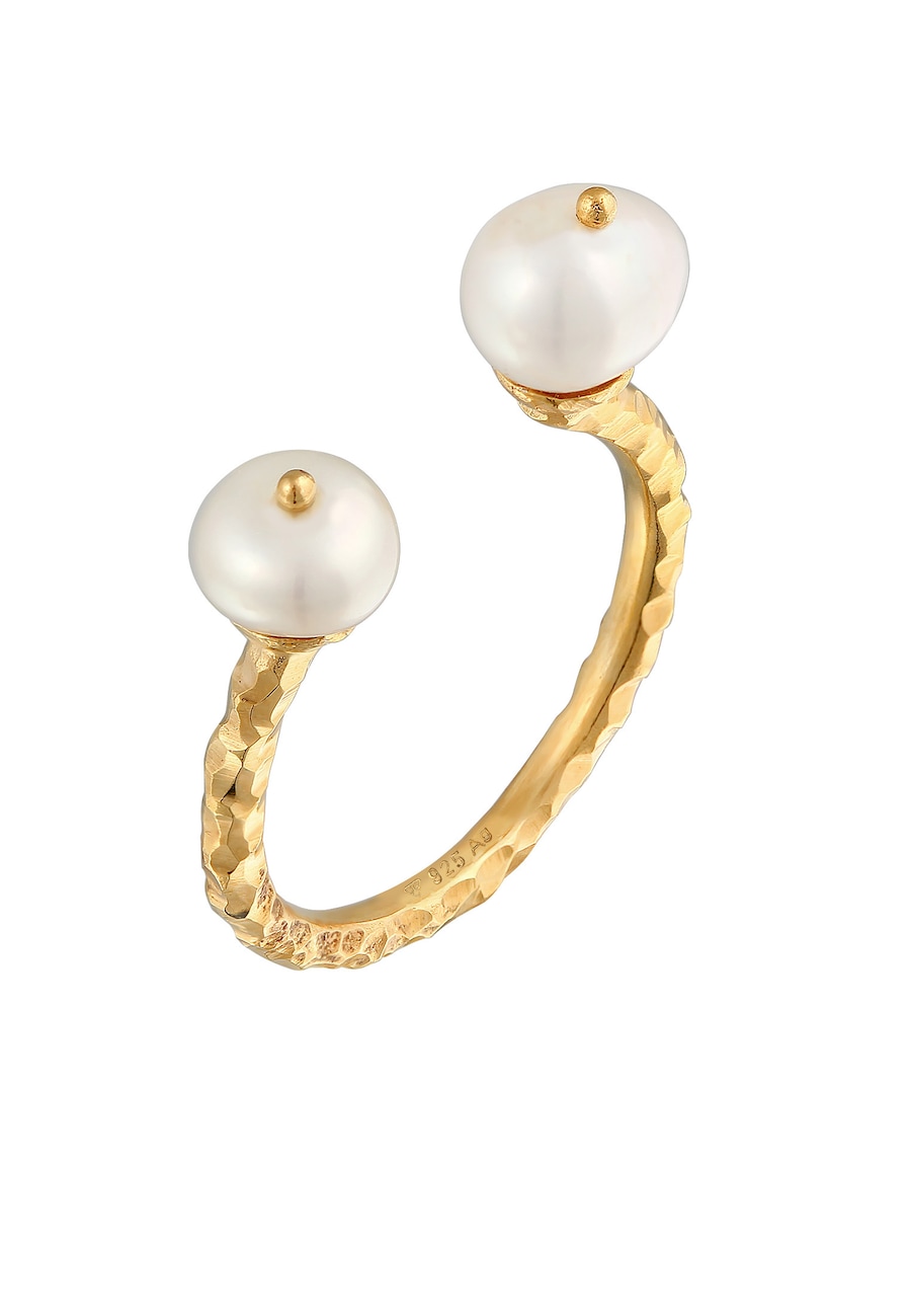 Elli PREMIUM Damski otwarty młotkowany trend z perły hodowlana słodkowodna w pozłacanym srebrze 925 Sterling Silver Pierścionki 1 ct