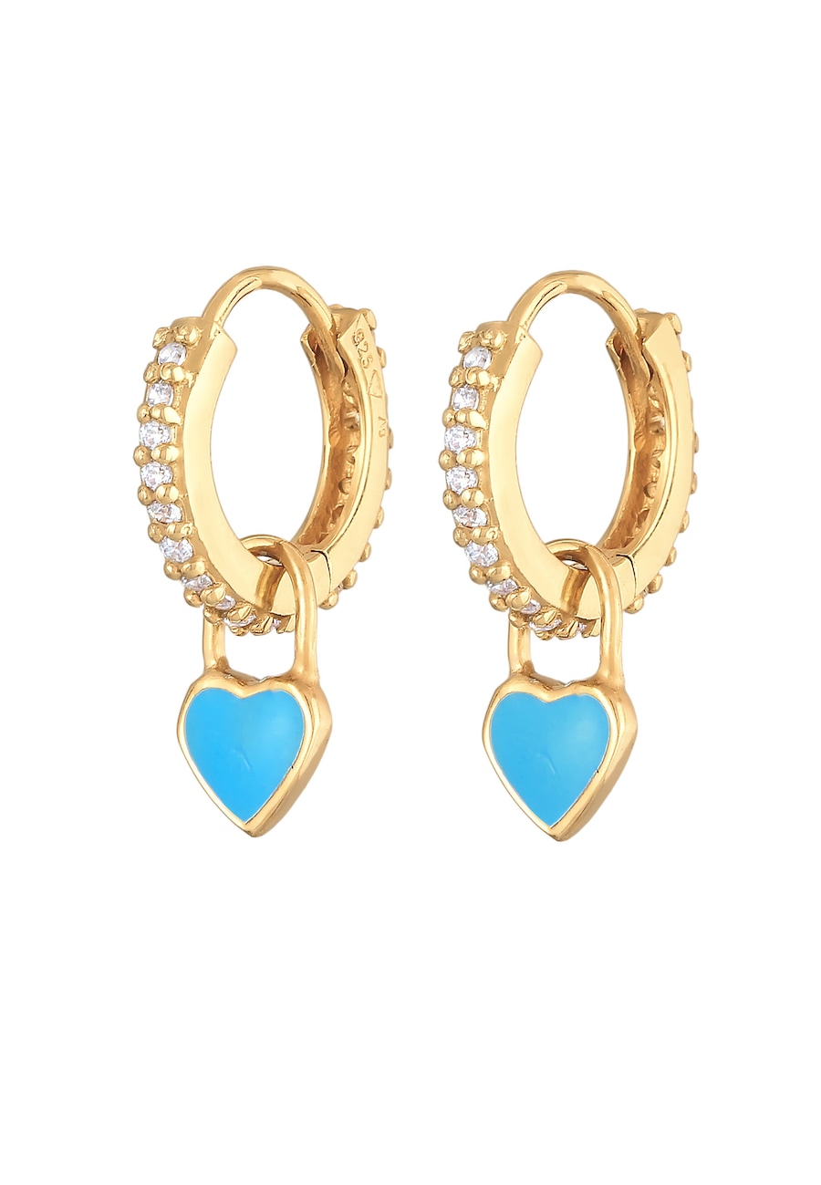 Elli Damskie kreole serce z niebieską emalią i cyrkoniami w pozłacanym srebrze próby 925 Sterling Silver Kolczyki koła 1 ct