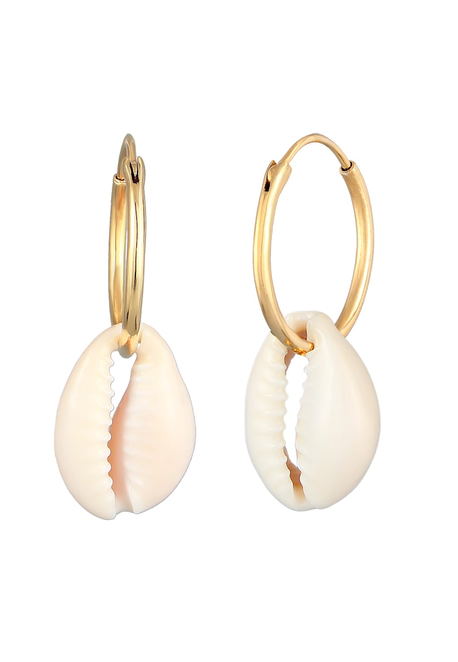 Elli Damskie kreole Trend z muszlą Kauri w pozłacanym srebrze próby 925 Sterling Silver Kolczyki koła 1 ct