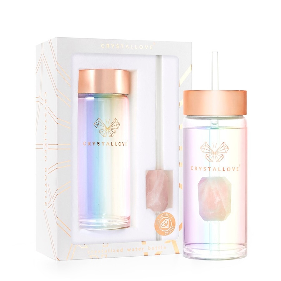 Crystallove Szklana butelka na wodę z kwarcem różowym i słomką Butelki 1 ct