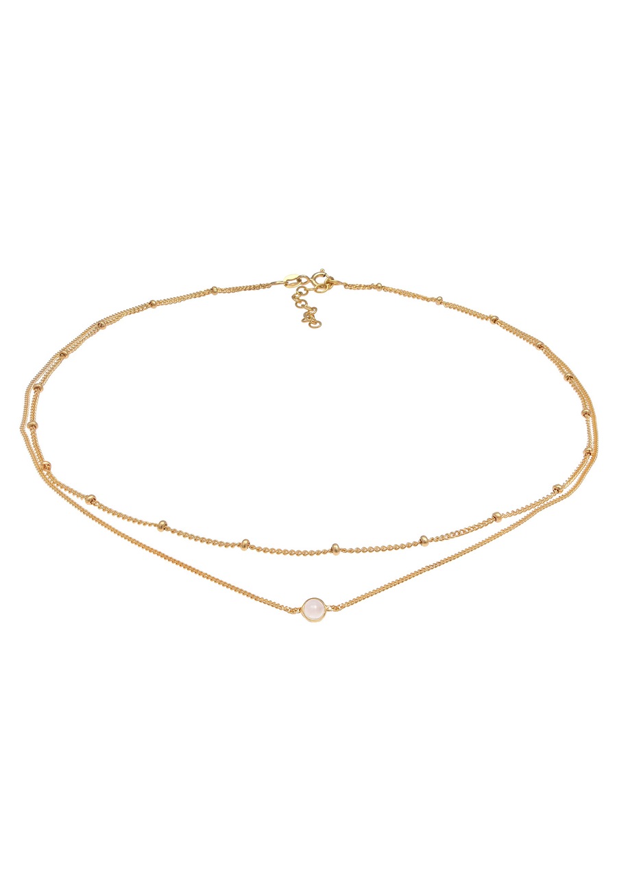Elli Damski naszyjnik Choker warstwowy z kulkowym łańcuszkiem z kwarcem różowym pozłacane srebro 925 Sterling Silver Naszyjniki 1 ct